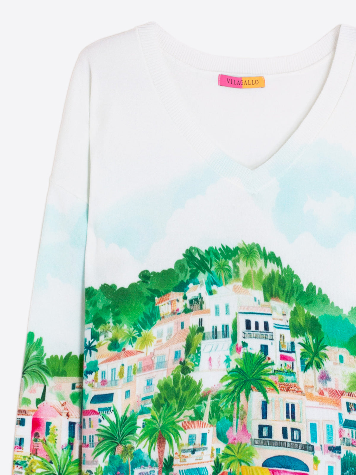 V neck jumper with puerto banus landscape design