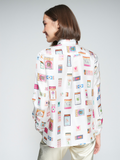 Silk off white shirt with colourful matchbox print