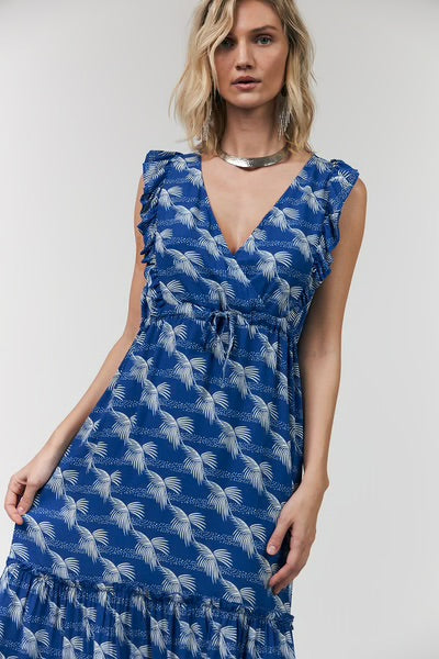 Tiered maxi beach dress in royal blue with Palm pattern in off white