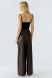 Wide pleated leather look trousers in chocolate brown
