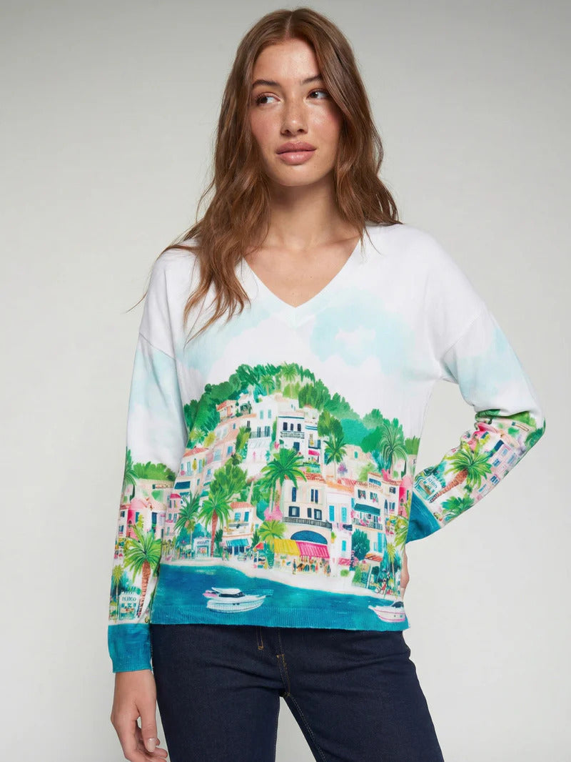 V neck jumper with puerto banus landscape design