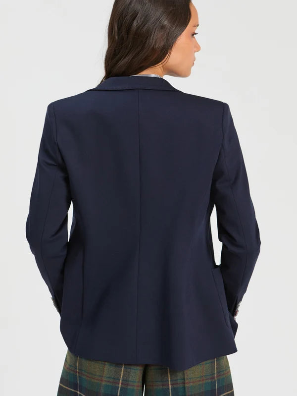 Plain navy classic fit blazer with patterned buttons