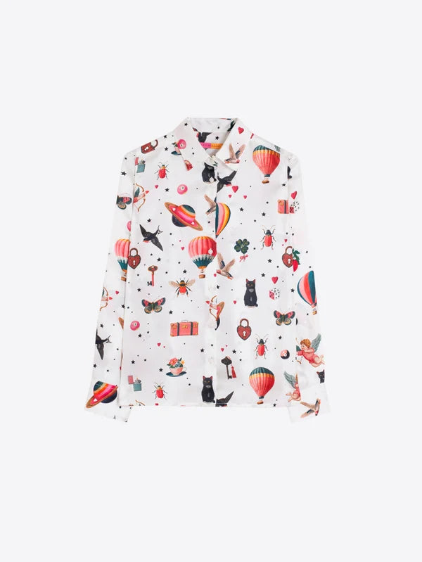 off white shirt with an adventure inspired pattern