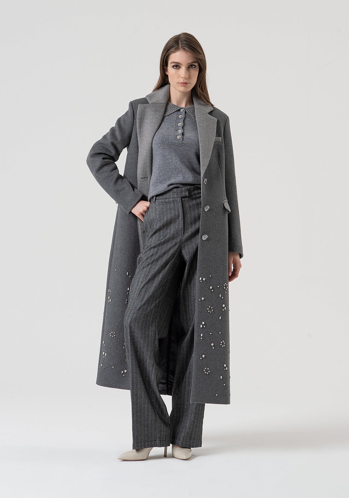 Polo sweater in grey with diamanté collar and buttons