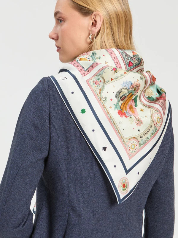 Square silk scarf with card illustration