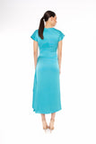 Satin effect pencil dress in turquoise with floaty overlay