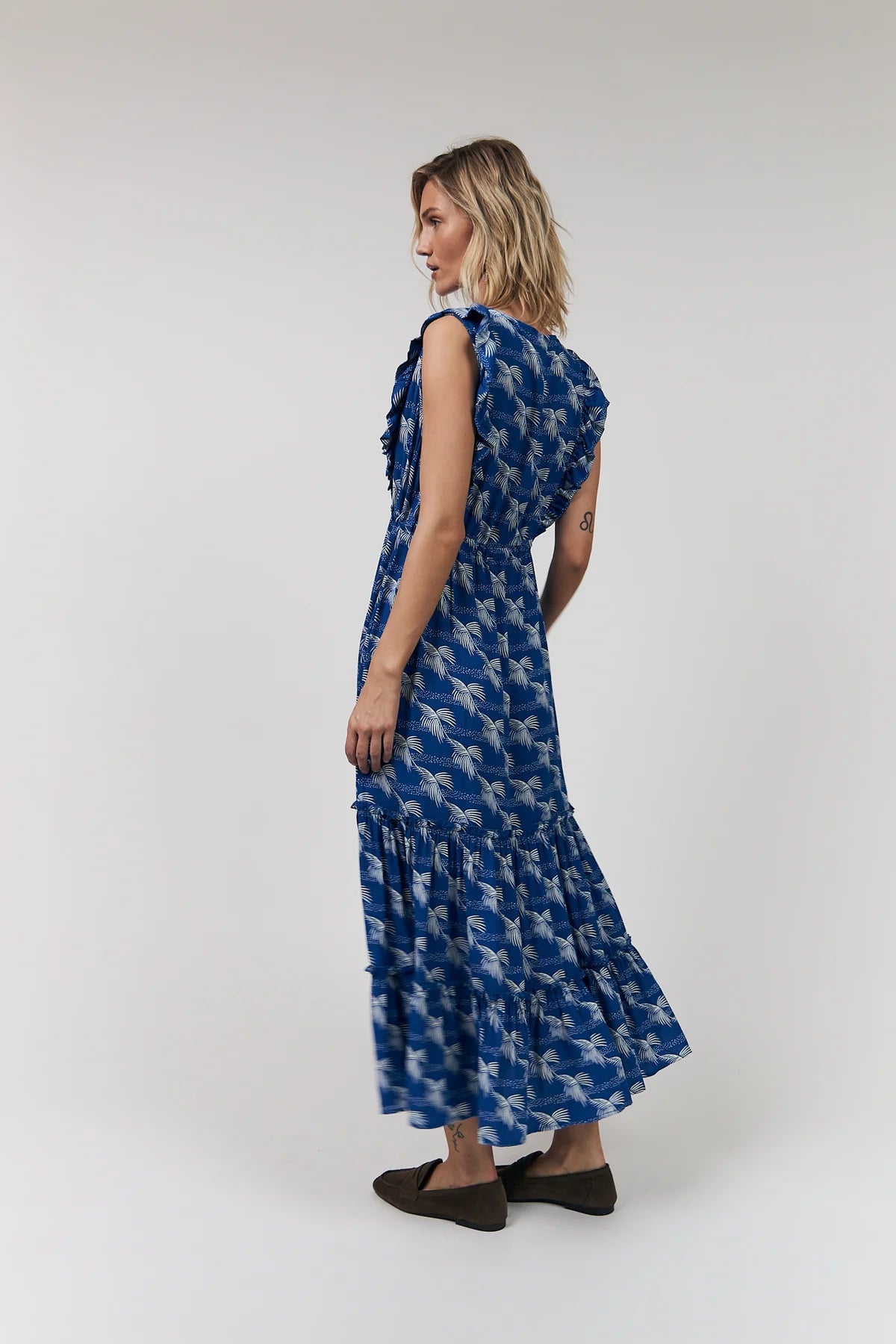 Tiered maxi beach dress in royal blue with Palm pattern in off white