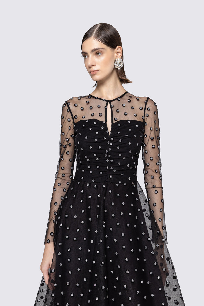 Black Dress with Tulle and Mesh Dot Overlay