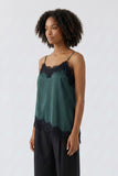 Forest green spaghetti strap camisole with black lace trim