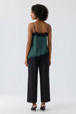 Forest green spaghetti strap camisole with black lace trim