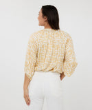 White and camel Raglan sleeve blouse in electric print