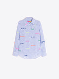 Light blue and white striped shirt with embroidered words