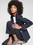 Navy Pinstripe Jacket with Embroidery
