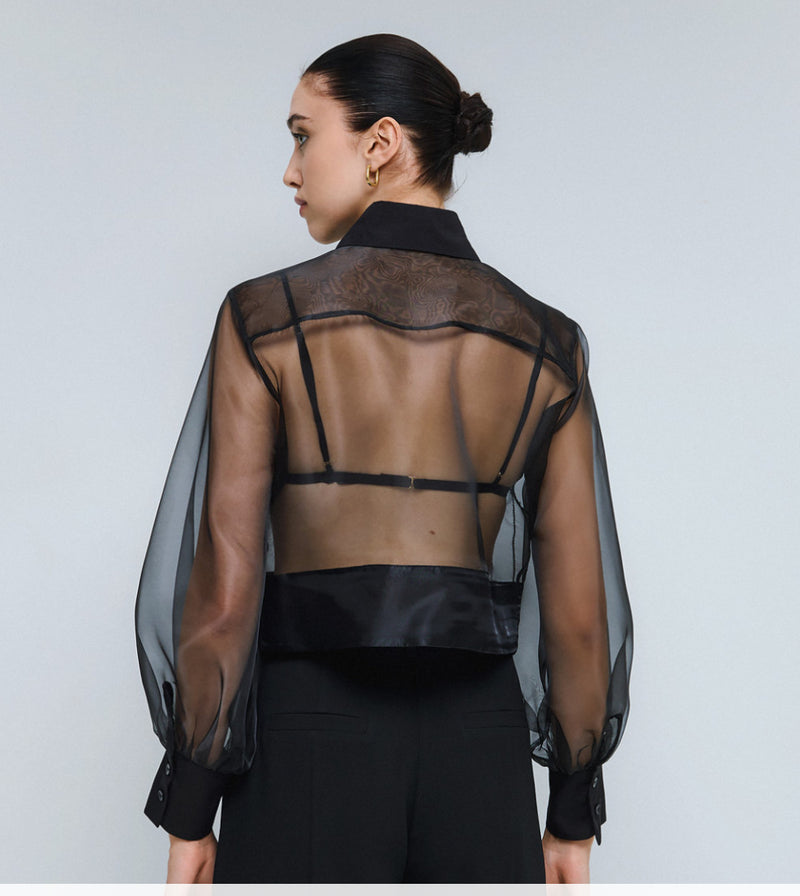 Cropped organza shirt with sequin detail