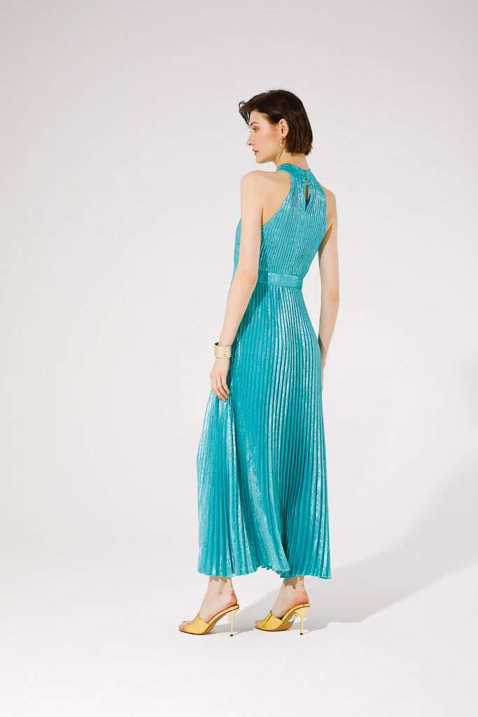 Laminated pleated dress in pool blue