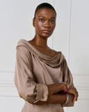 Taupe satin blouse with cowl neckline