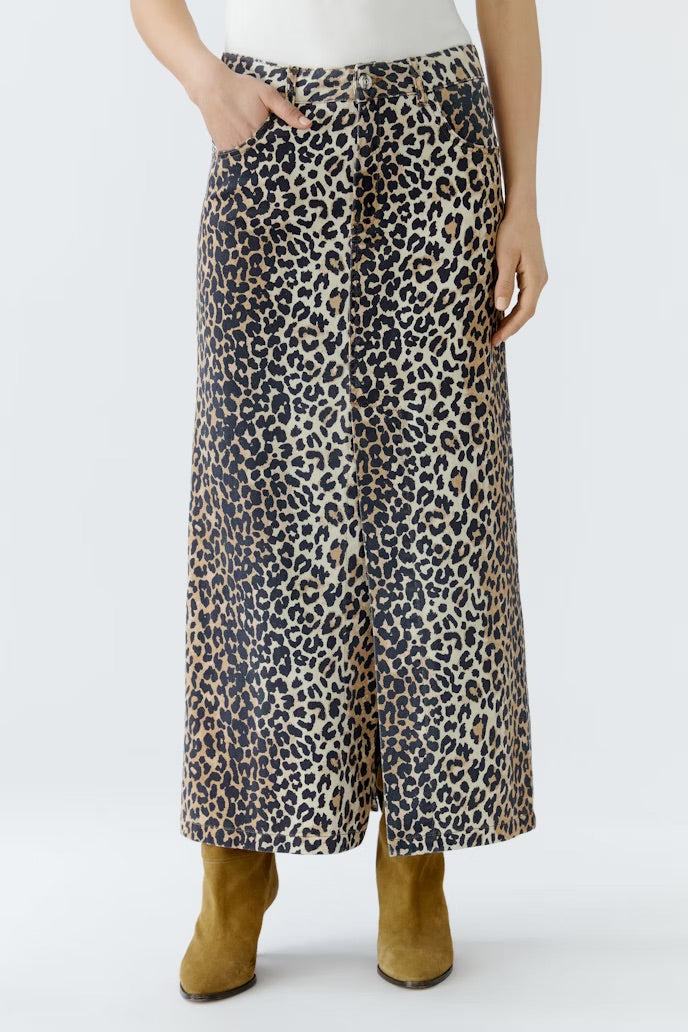 Long denim skirt in Leo print with centre slits front and balc