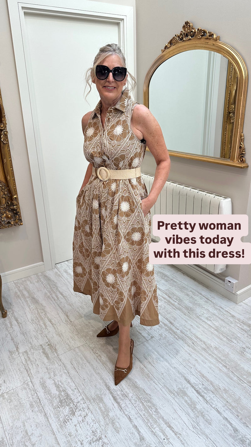 Sleeveless shirt dress in camel with cream embroidery and belt