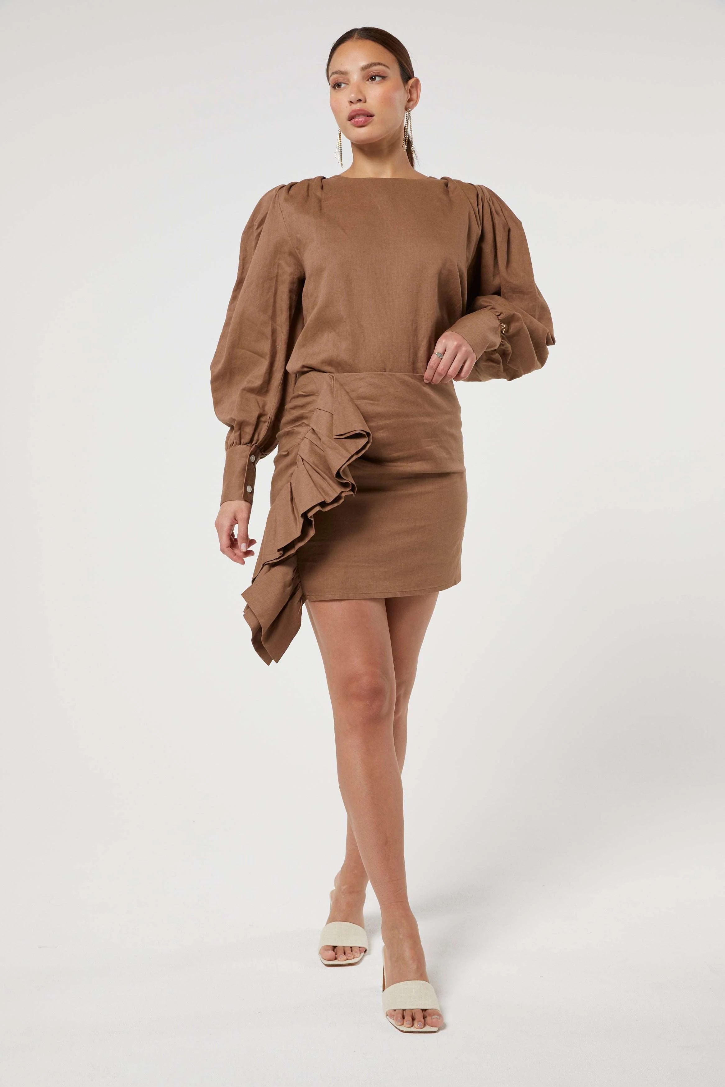 Brown Linen Skirt with Waterfall Ruffle