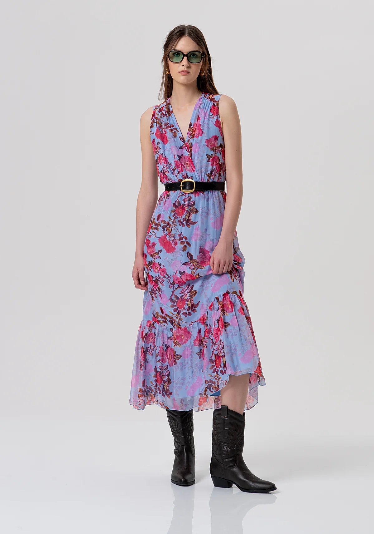 Long tank dress in light blue with cherry blossom pattern