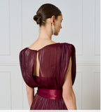 Maxi dress in burgundy with sheer fabric