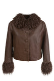 Leather look jacket in chocolate brown with fur collar and cuffs
