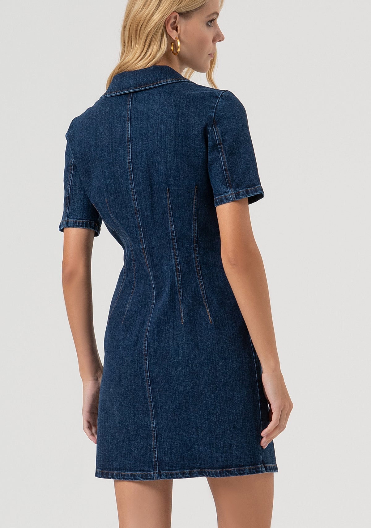 Short sleeved denim dress with gold buttons