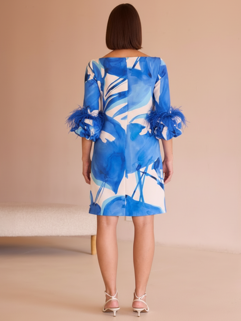Blue and White Shift Dress with Feather Trim