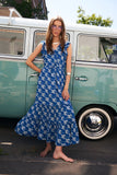 Tiered maxi beach dress in royal blue with Palm pattern in off white