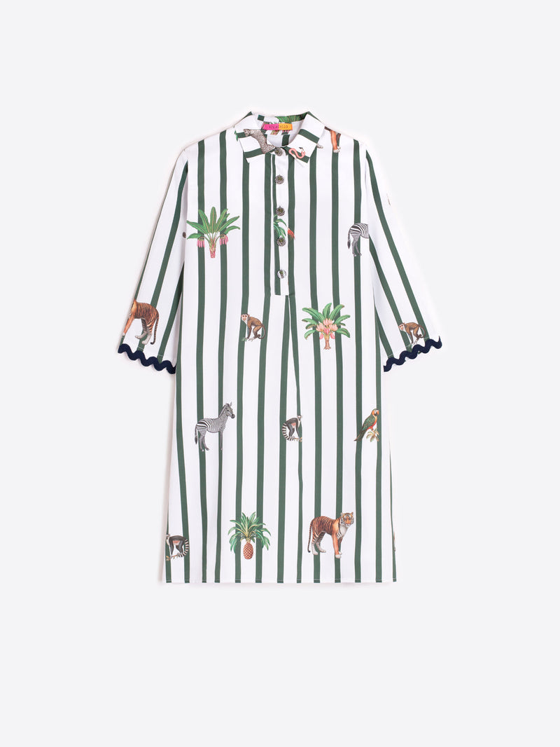 White tunic dress with green vertical stripes and animal print