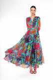Floor length  turquoise dress with all over tropical floral pattern