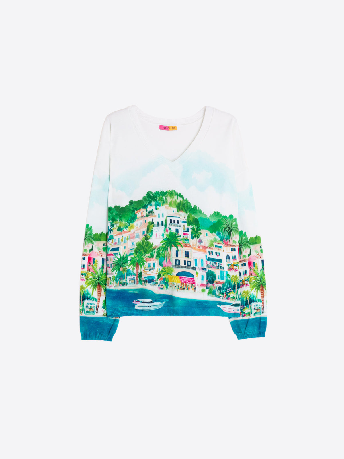 V neck jumper with puerto banus landscape design