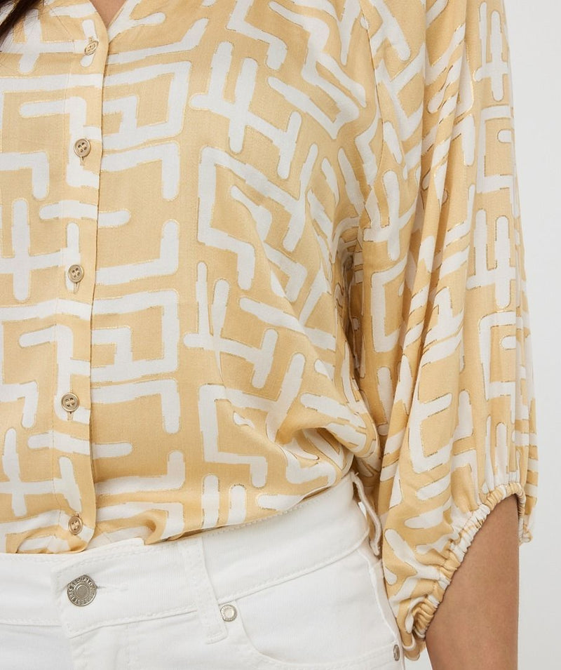 White and camel Raglan sleeve blouse in electric print