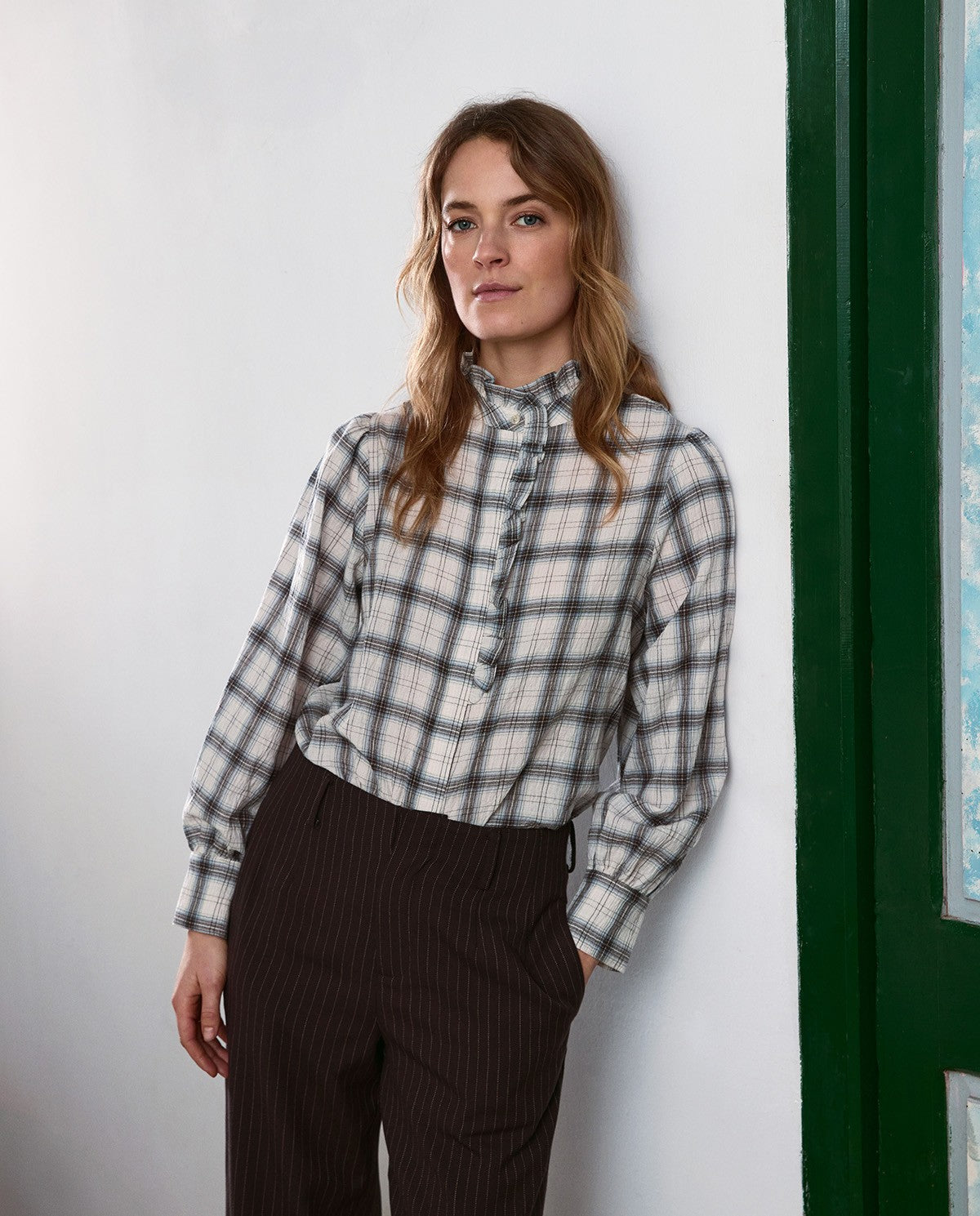 Check Shirt with Frill Collar