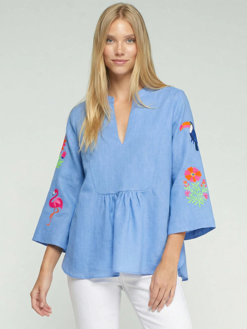 Blue Embroidered Linen Top