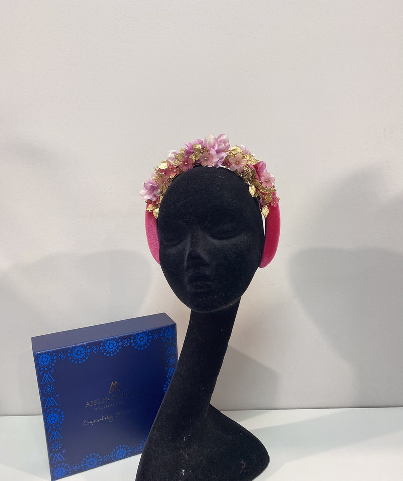 Pink Velvet Hairband with Floral and Gold Embellishments