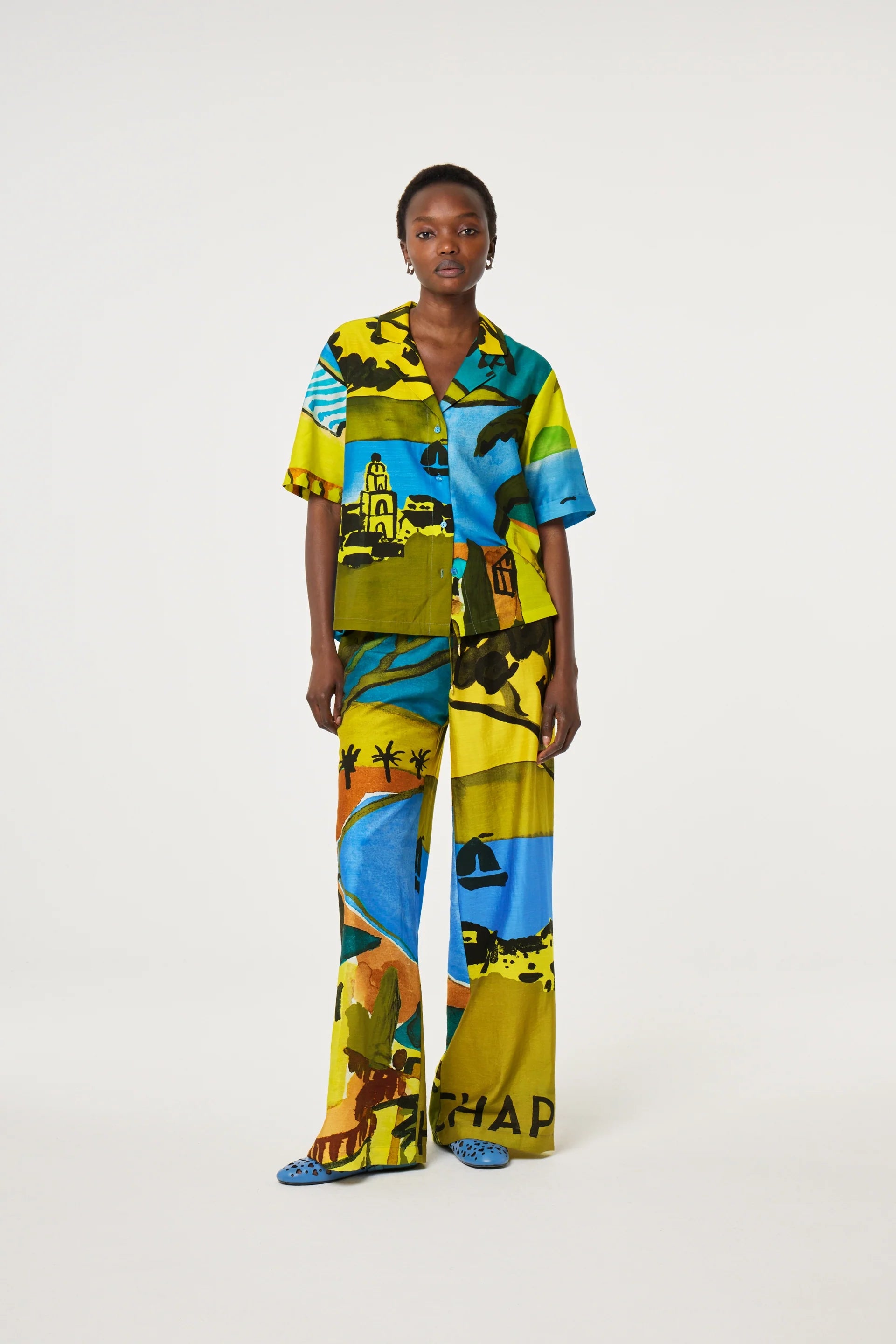 Wide leg trousers with tropical seaside print