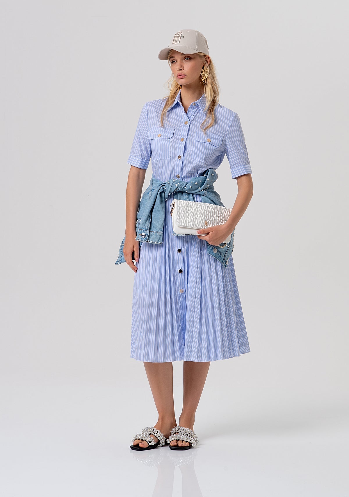 Blue and White check Dress with pleated skirt