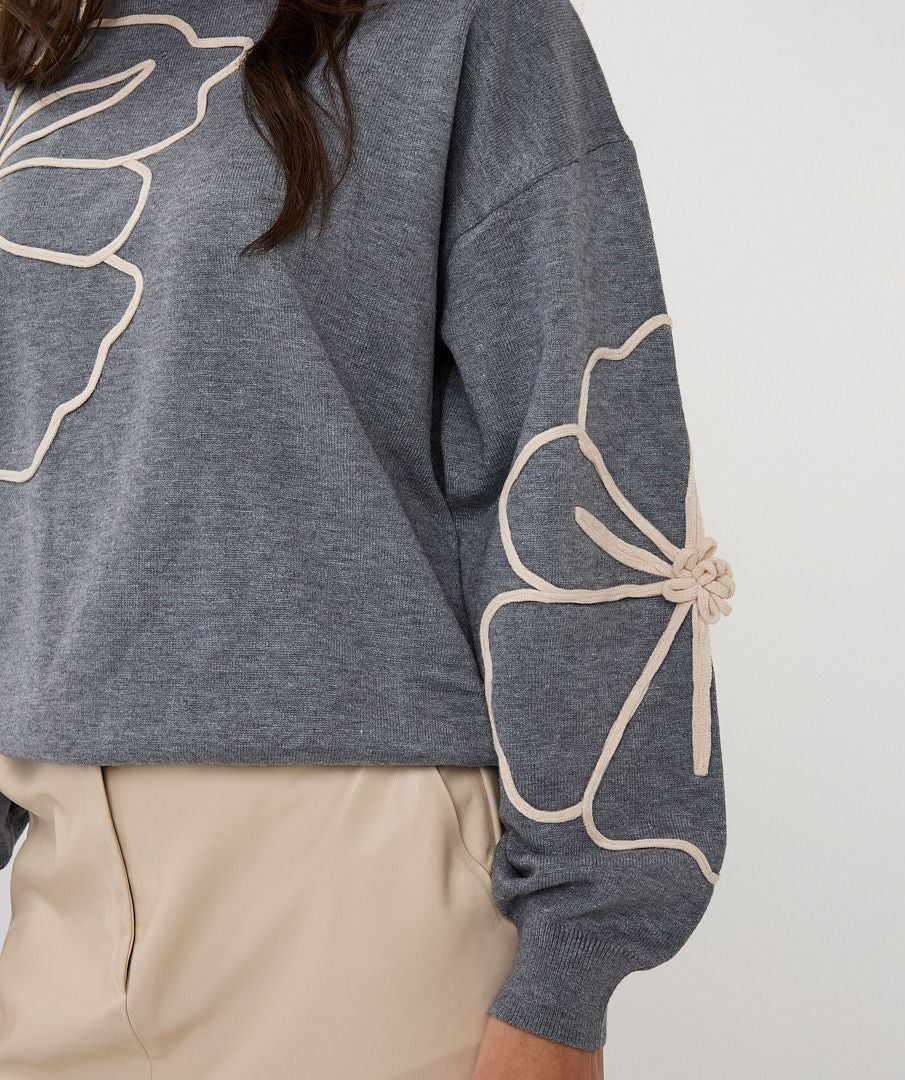 Grey Melange Sweater with Cremam Floral Piping