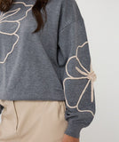Grey Melange Sweater with Cremam Floral Piping
