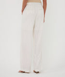 Off white wide leg trousers in linen mix with camel pinstripe