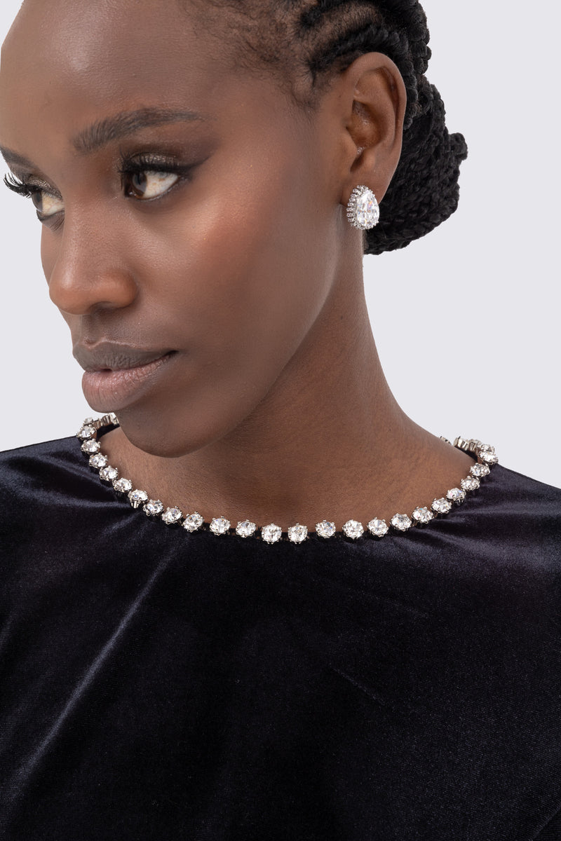 Black velvet and chiffon evening dress with diamante embellishment