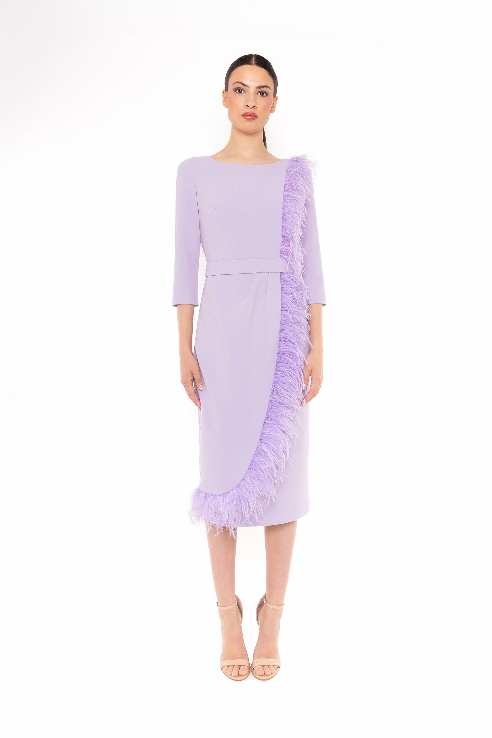 Lavendar Dress with false wrap with Feather Trims