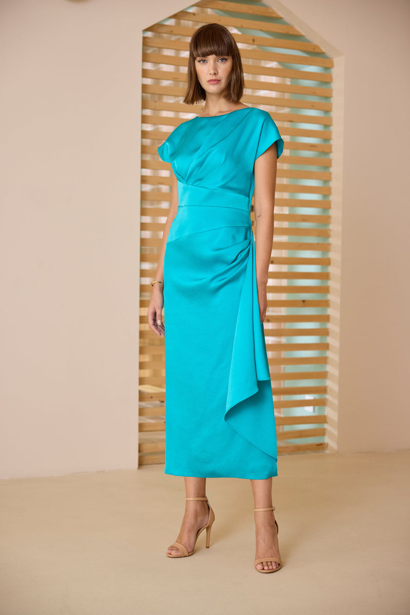 Satin effect pencil dress in turquoise with floaty overlay
