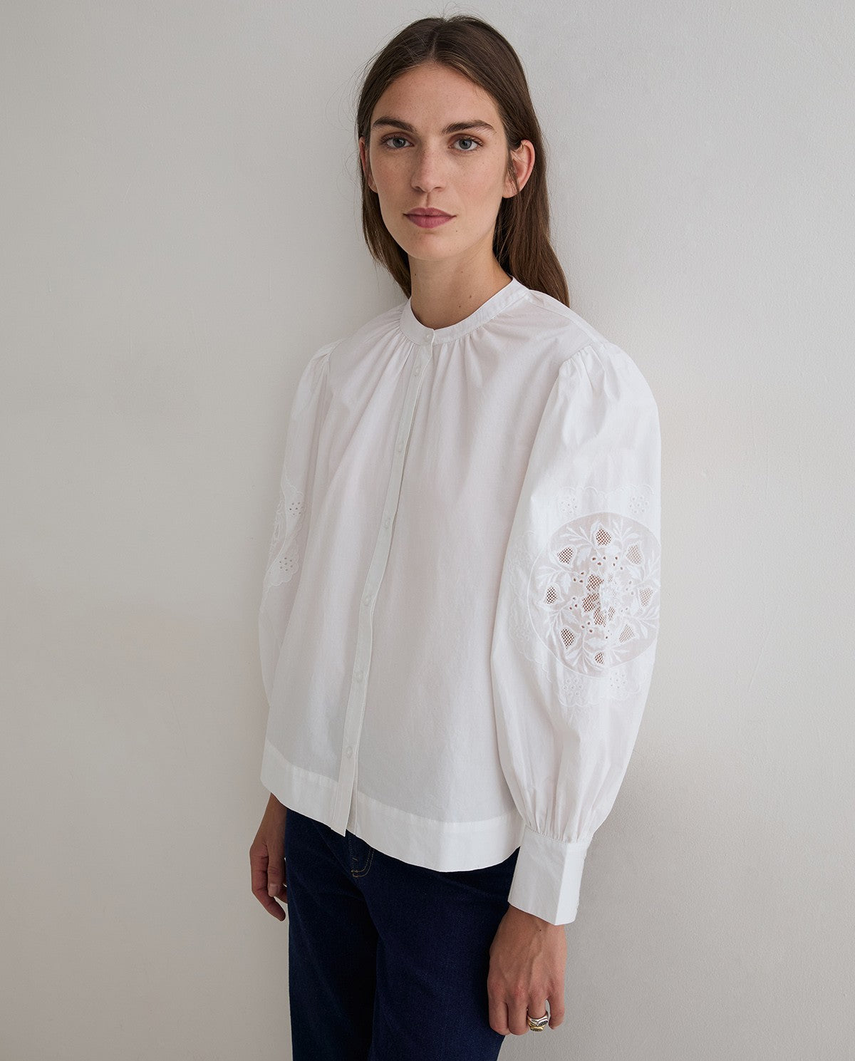 White Cotton Shirt with Embroidered Sleeve