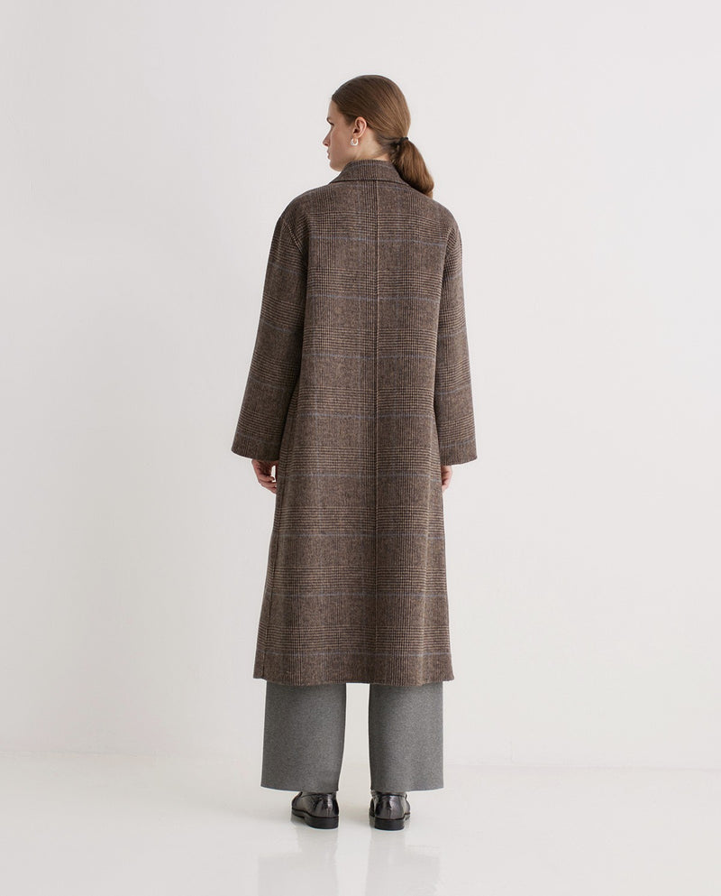 Handmade check wool coat in brown