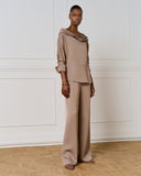 Taupe satin blouse with cowl neckline