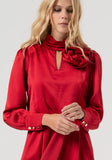 Short satin dress in deep red with corsage detail