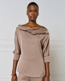 Taupe satin blouse with cowl neckline