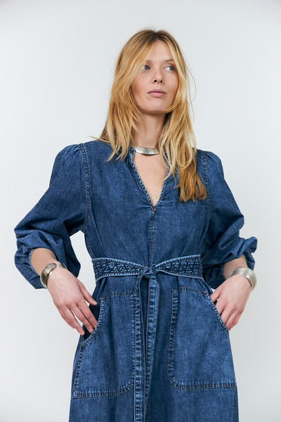 Lightweight denim dress with tone on tone striped detailing